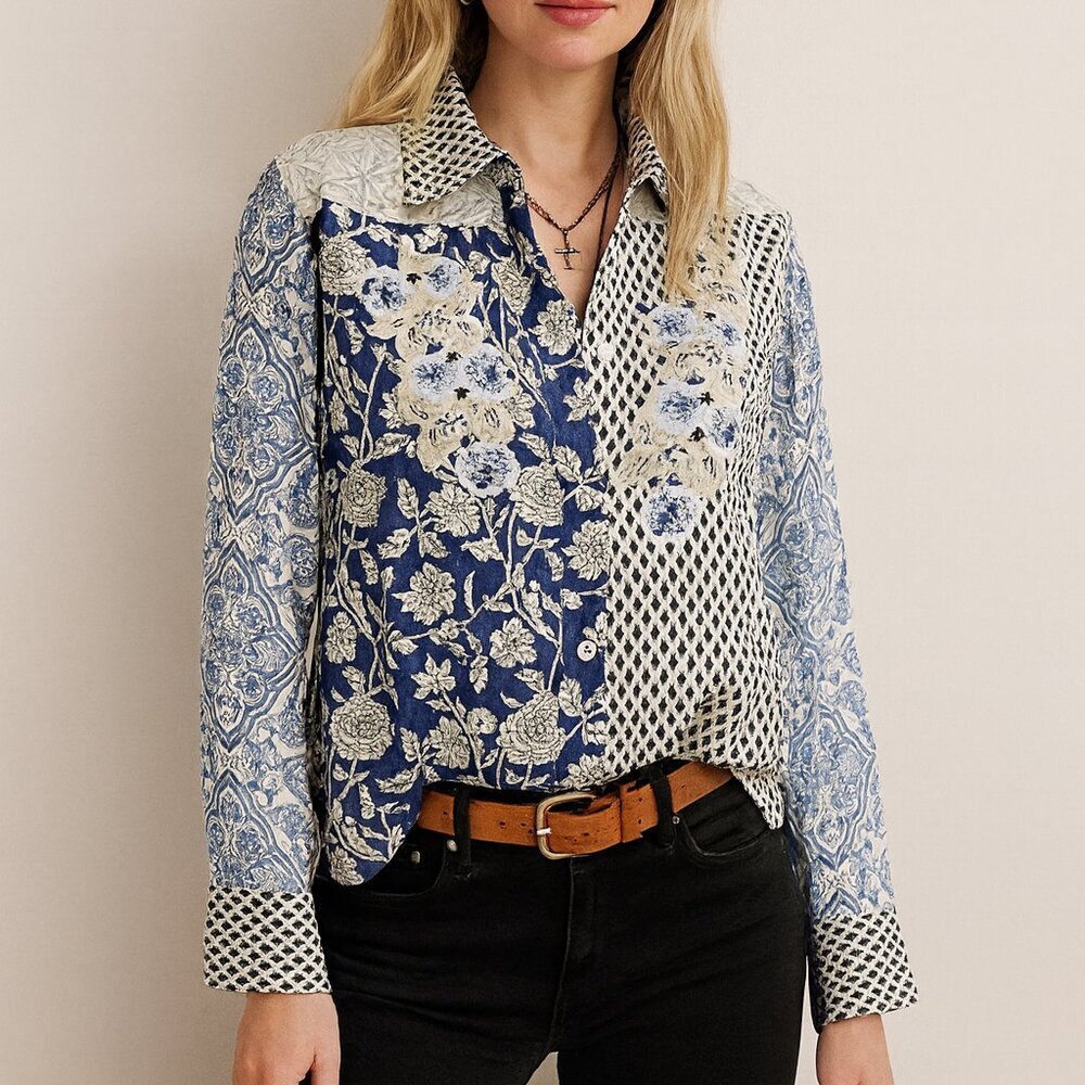 Soft Surroundings XS Capelle Shirt‎ – Multi Print Cotton Blouse NWT